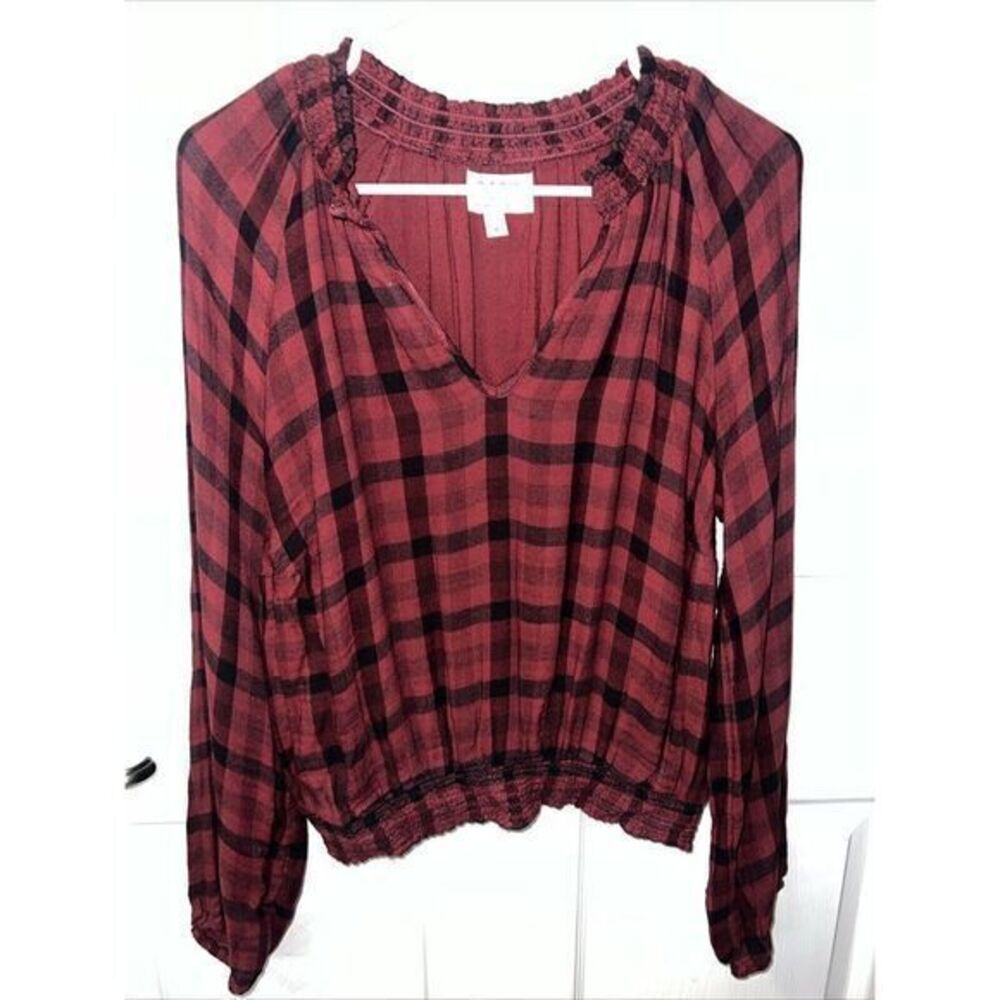 Anthropologie X Cloth & Stone Red Buafflo Plaid V Neck Blouse Rayon‎ Size Medium